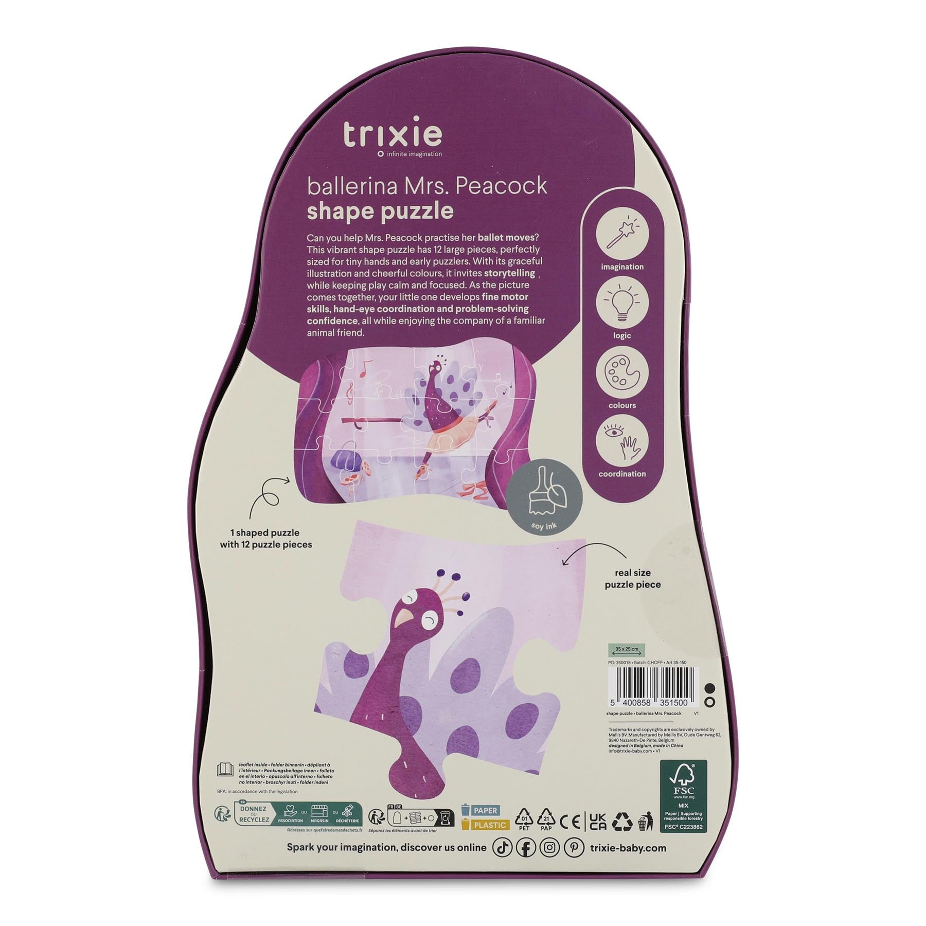 Trixie Baby Puzzle à forme Ballerina Mrs. Peacock 12 pièces