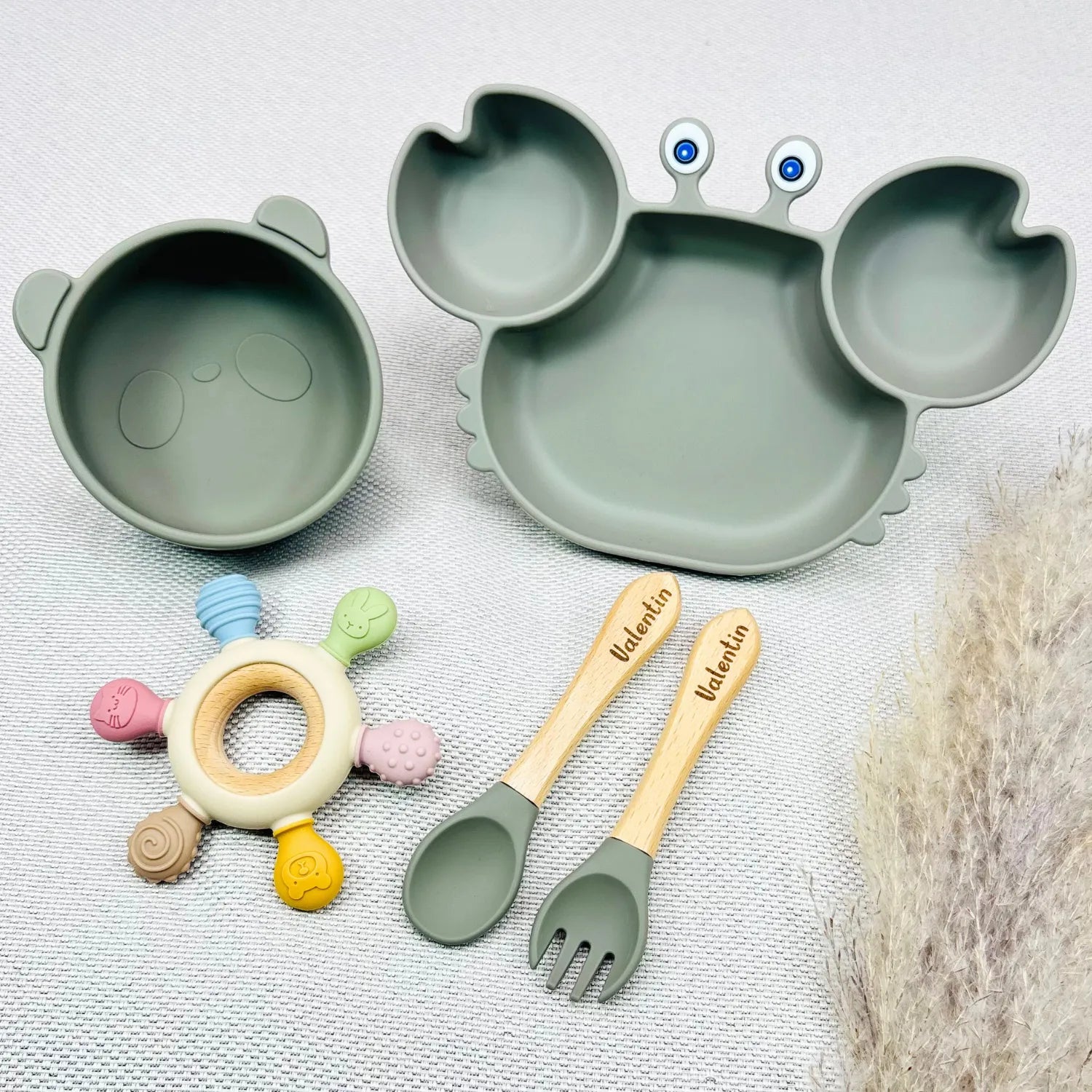 Baby-Crea Coffret repas bébé Coffret Repas Bebe Crabe Personnalise vert olive silicone