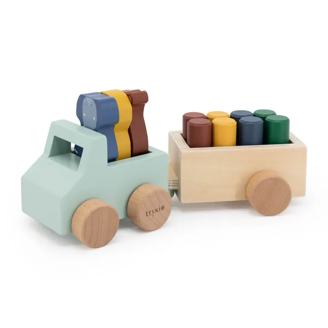 Trixie Baby Jouets à roulettes Voiture avec remorque en bois animaux