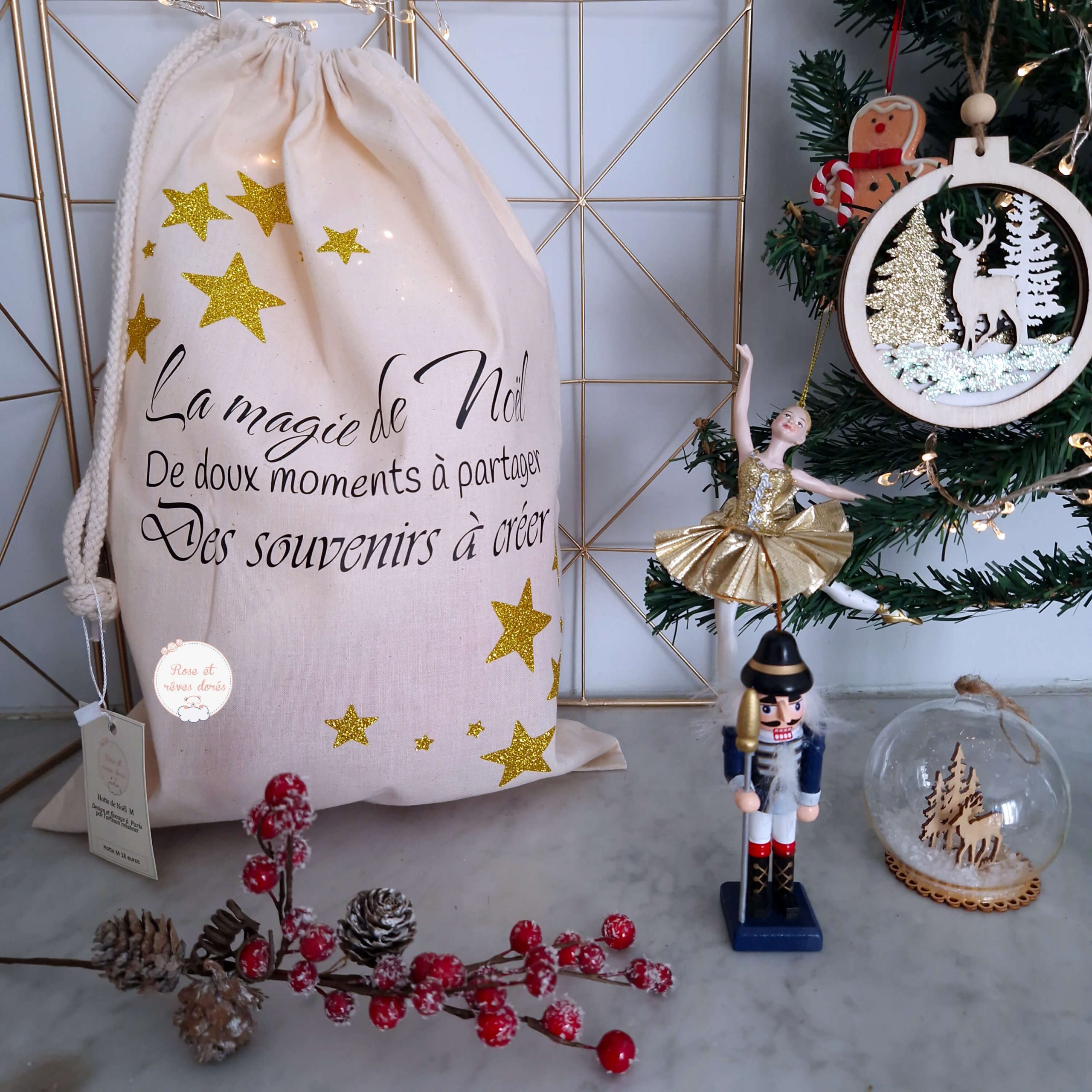 Rose et rêves dorés Noël hotte de Noël personnalisable pour cadeaux