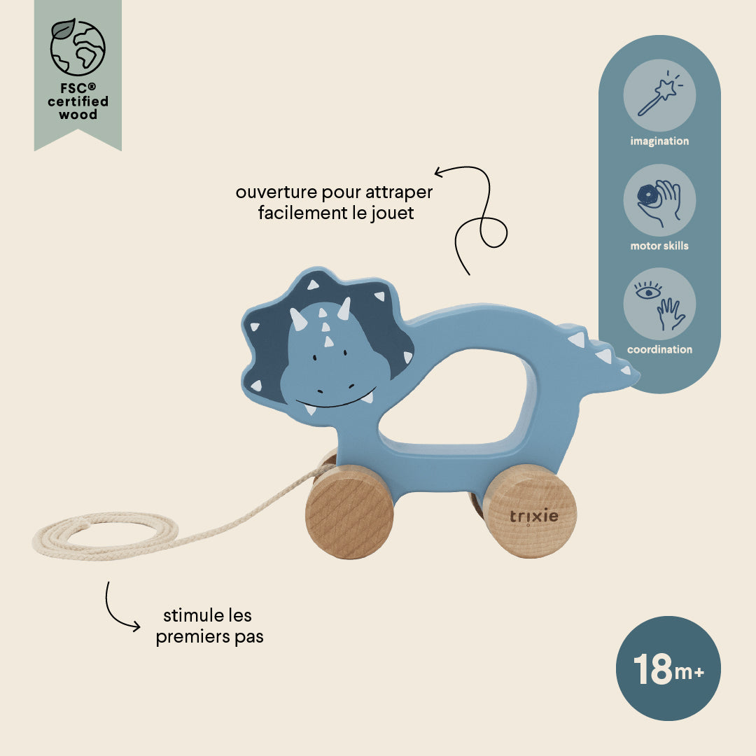 Trixie Baby Jouets à pousser et à tirer Mr. Triceratops jouet à tirer en bois FSC