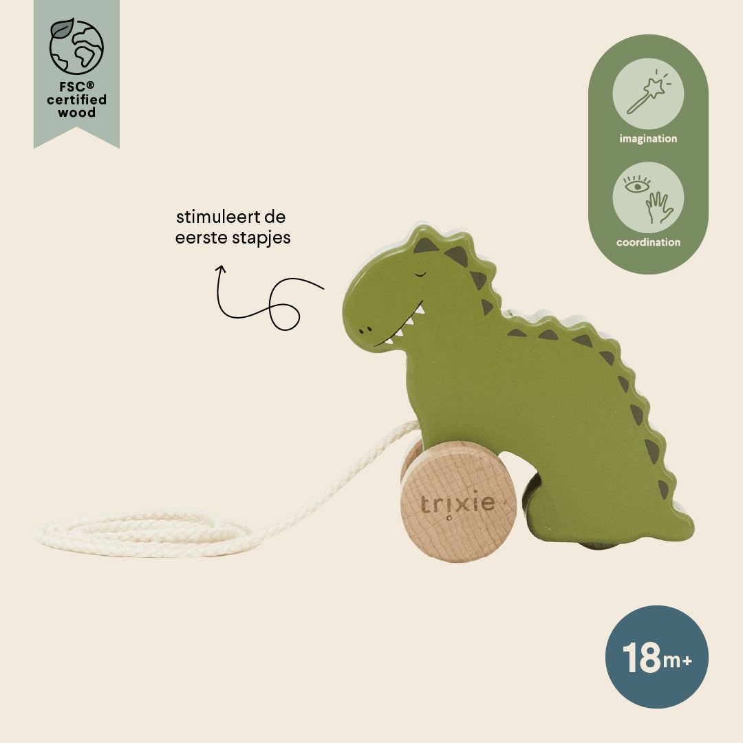 Trixie Baby Jouets à pousser et à tirer Petit jouet à tirer en bois Mr. Dino jouet FSC