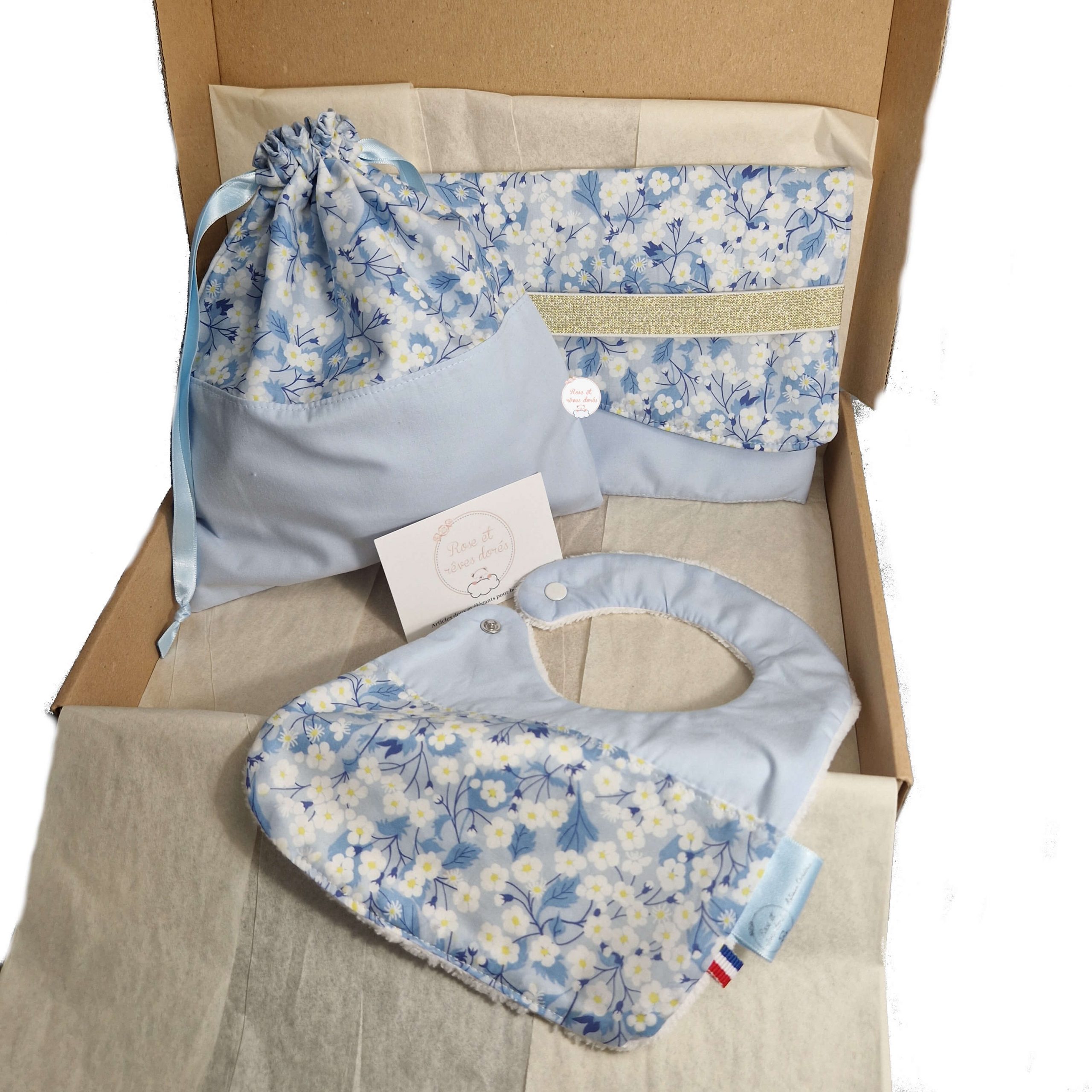 Rose et rêves dorés Myosotis coffret cadeau naissance