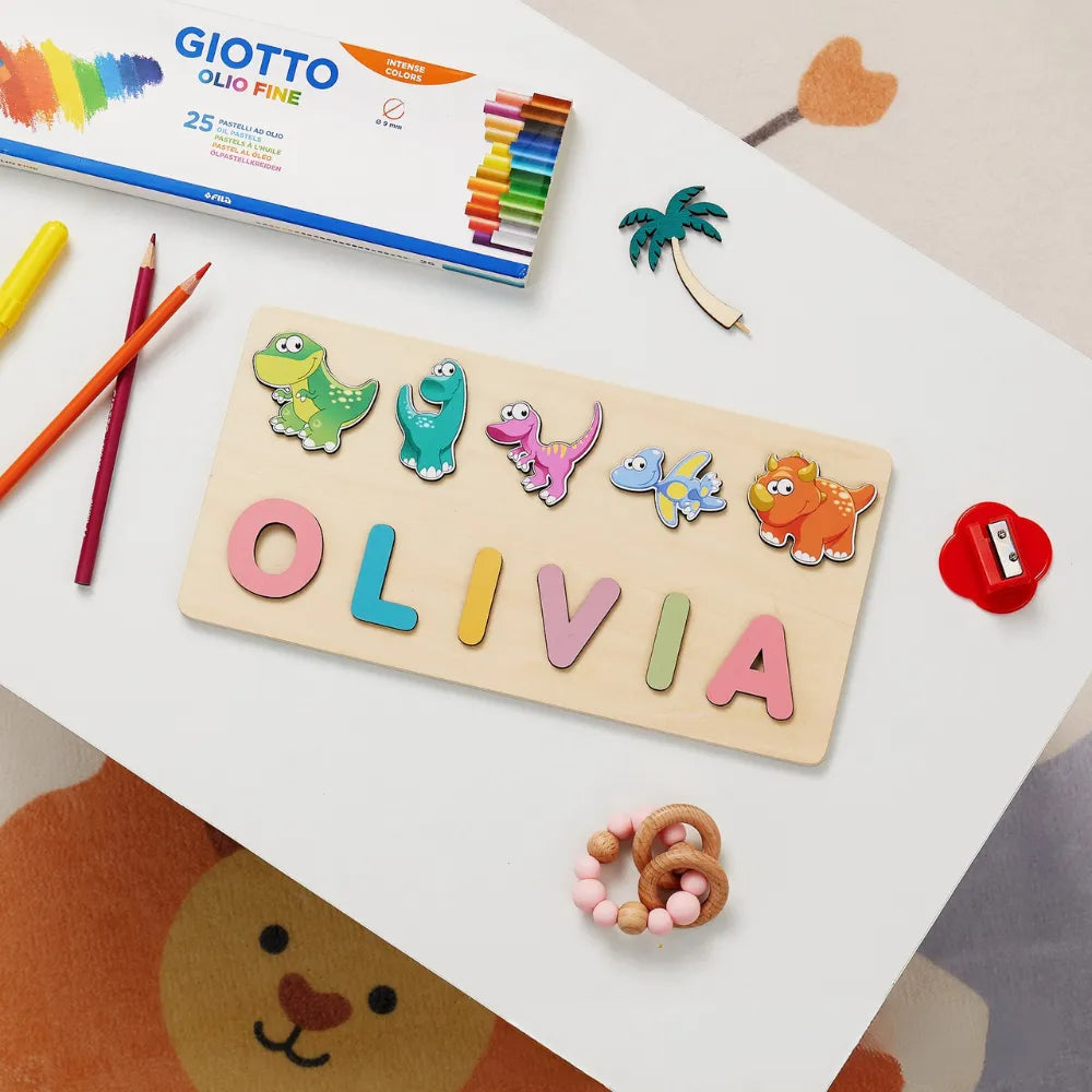 Baby-Crea Puzzle bébé en bois personnalisé puzzle prénom dinosaures dès 12 mois