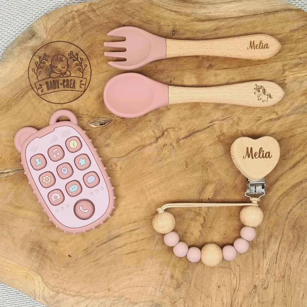 Baby-Crea Coffret naissance personnalisé couverts attache anneau pop-up Rose pâle
