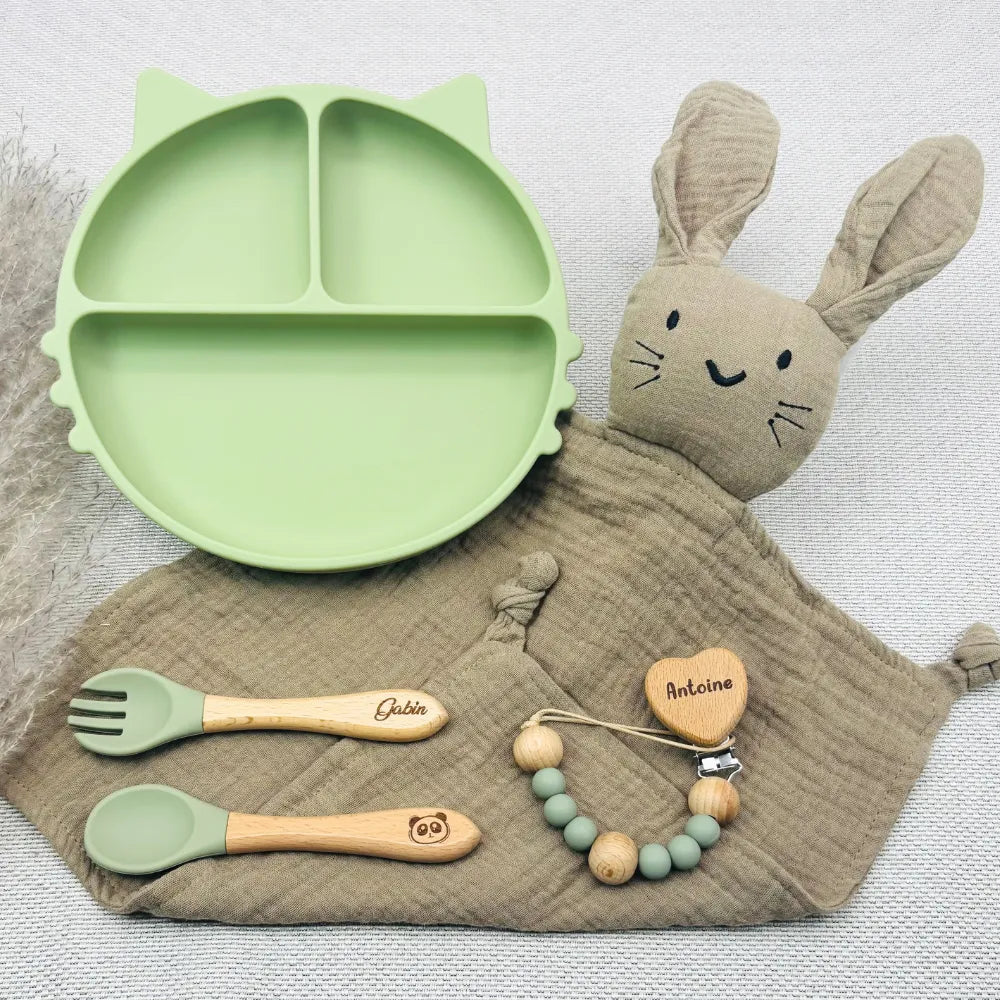 Baby-Crea Coffret repas bébé assiette chat vert olive personnalisé