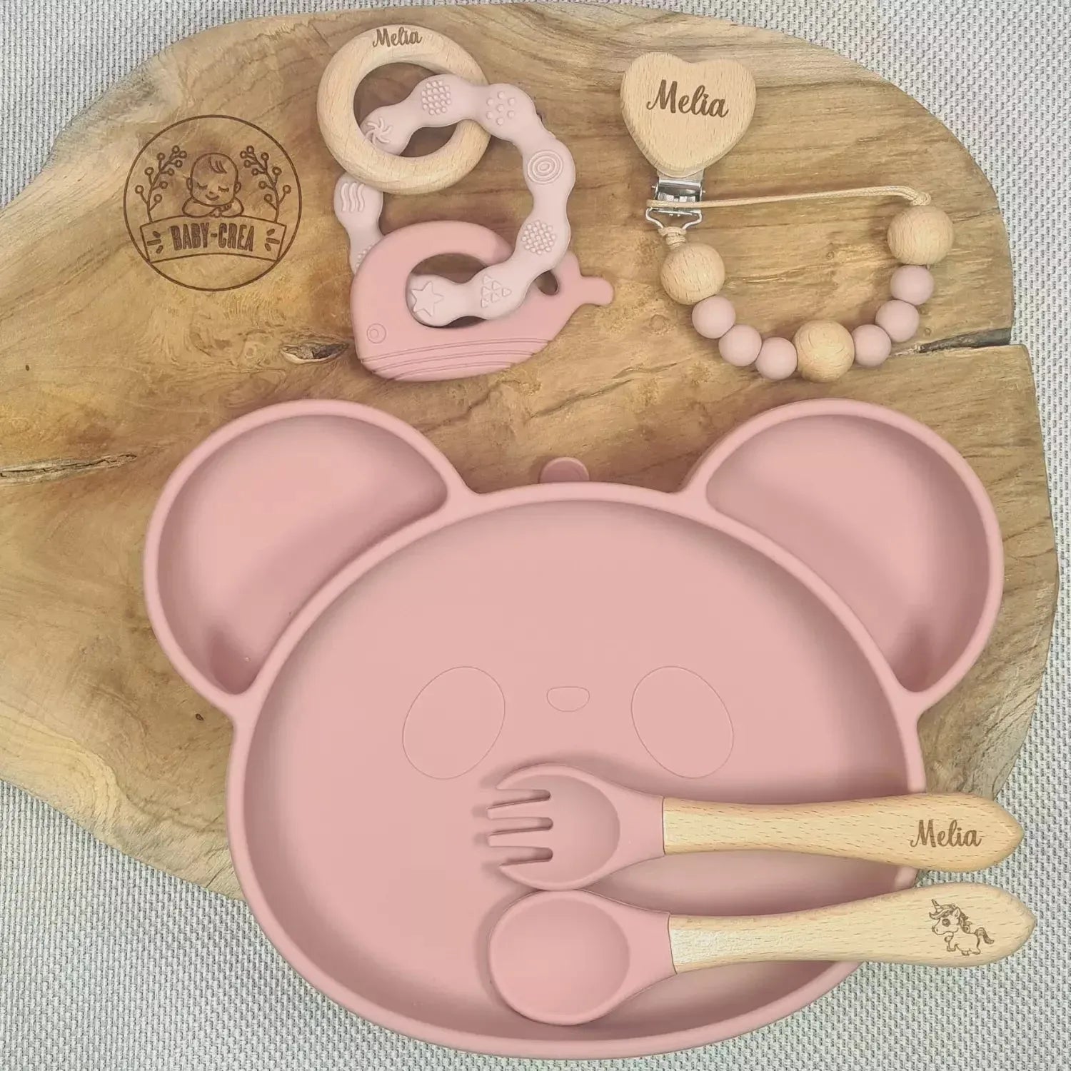 Baby-Crea Coffret naissance personnalisé coffret repas panda vert olive