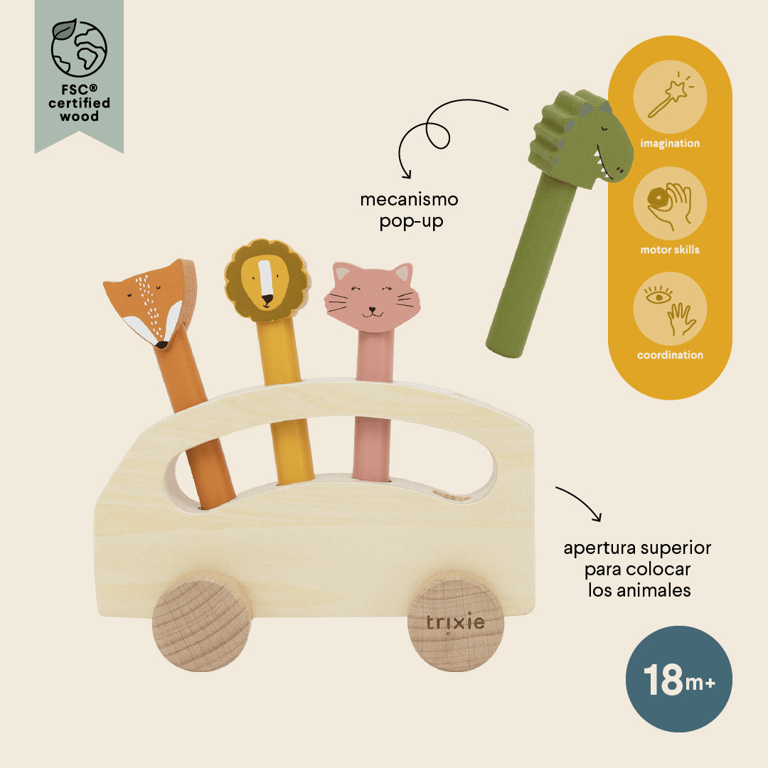 Trixie Baby Jouets à roulettes bus en bois avec animaux pop-up
