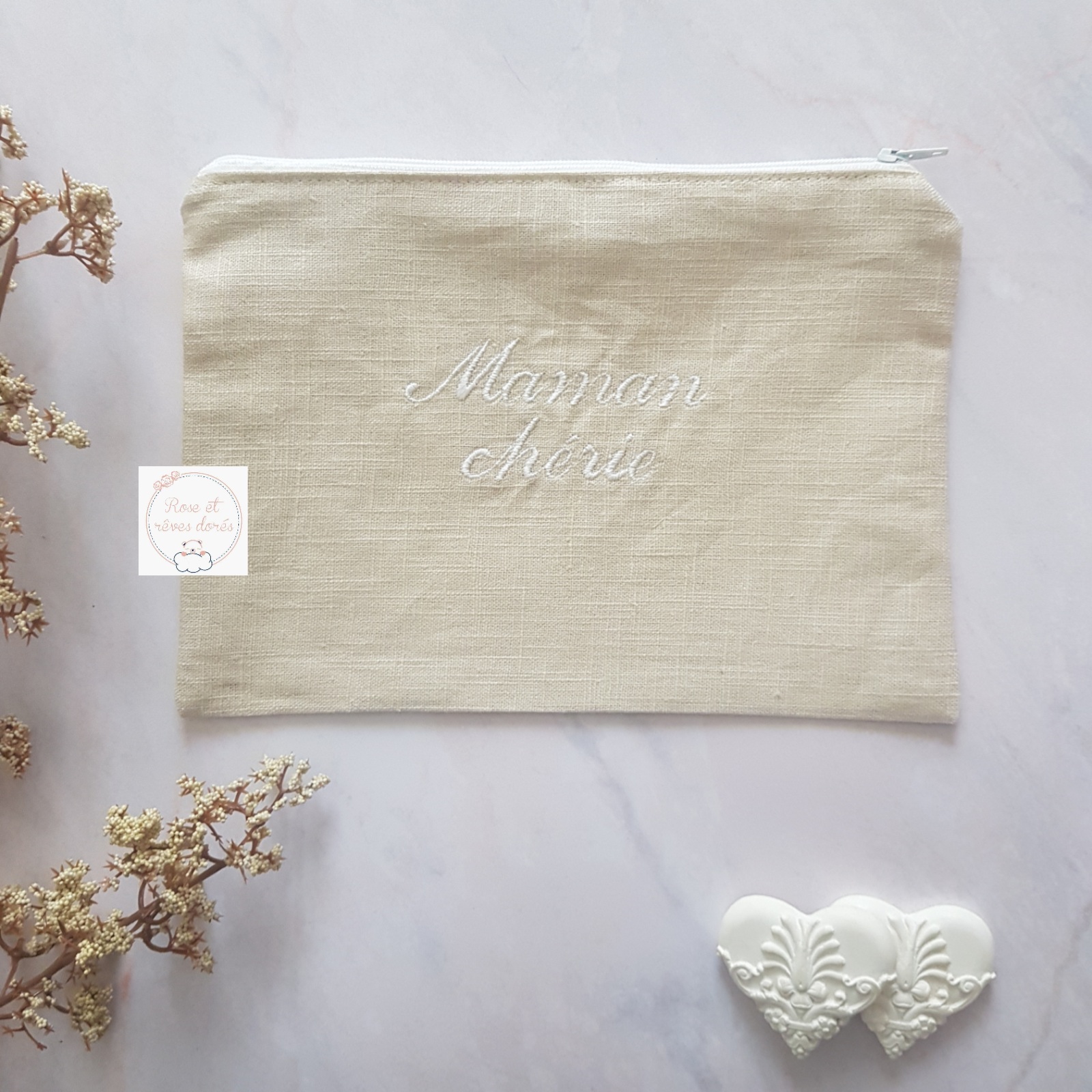 Rose et rêves dorés Pochette Maman chérie en lin et coton
