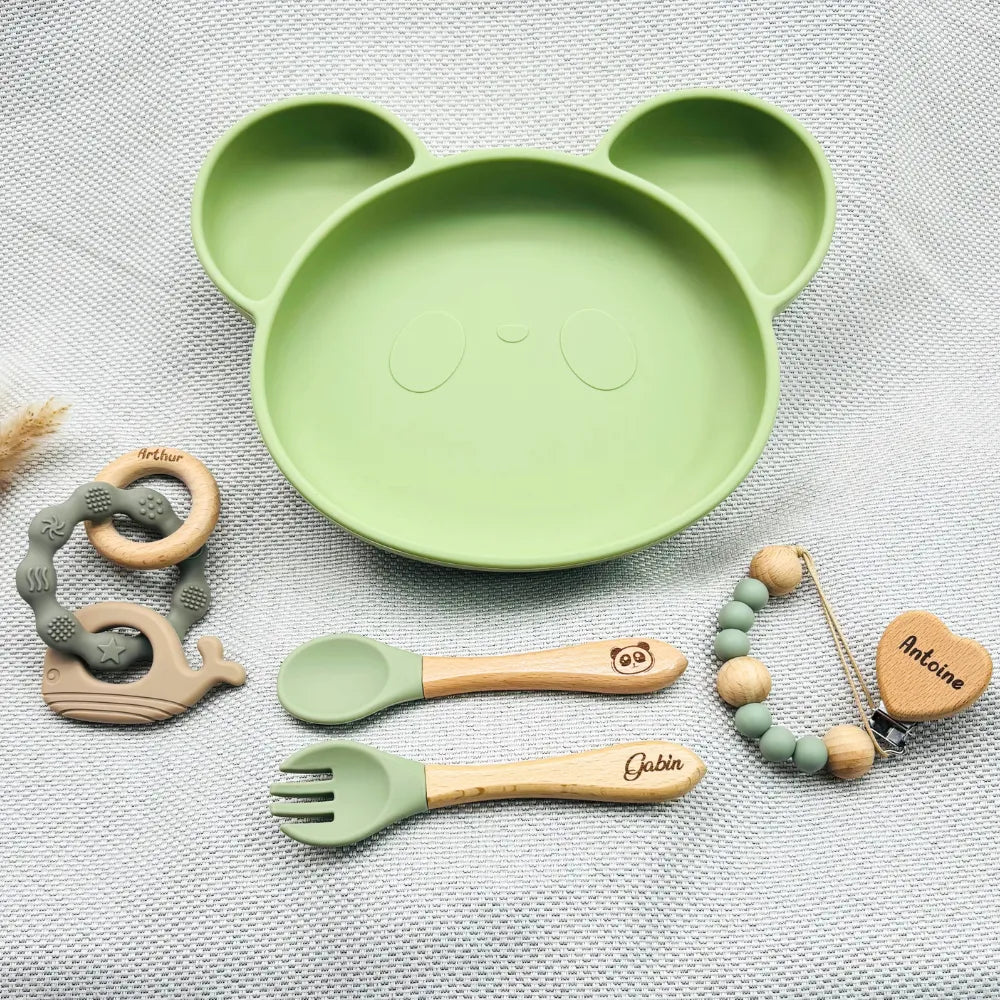 Baby-Crea Coffret naissance personnalisé coffret repas panda vert olive
