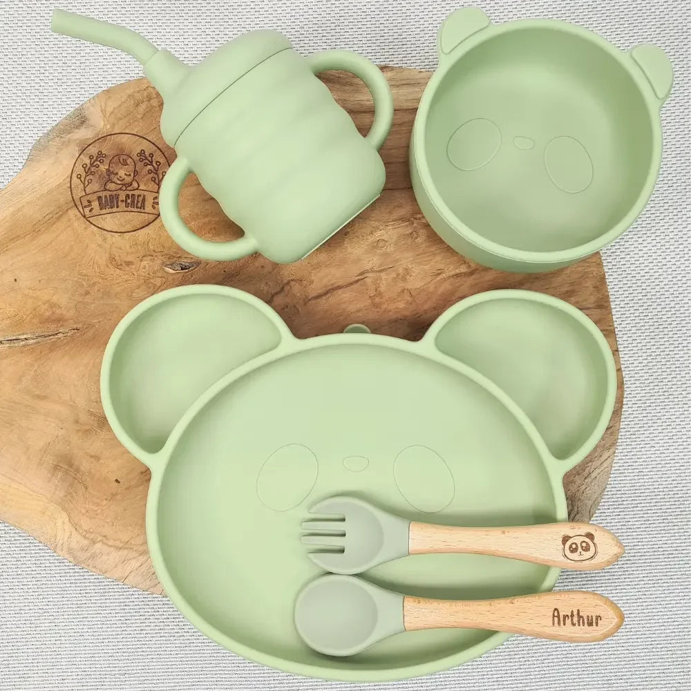 Baby-Crea Coffret naissance personnalisé Assiette Panda repas vert olive