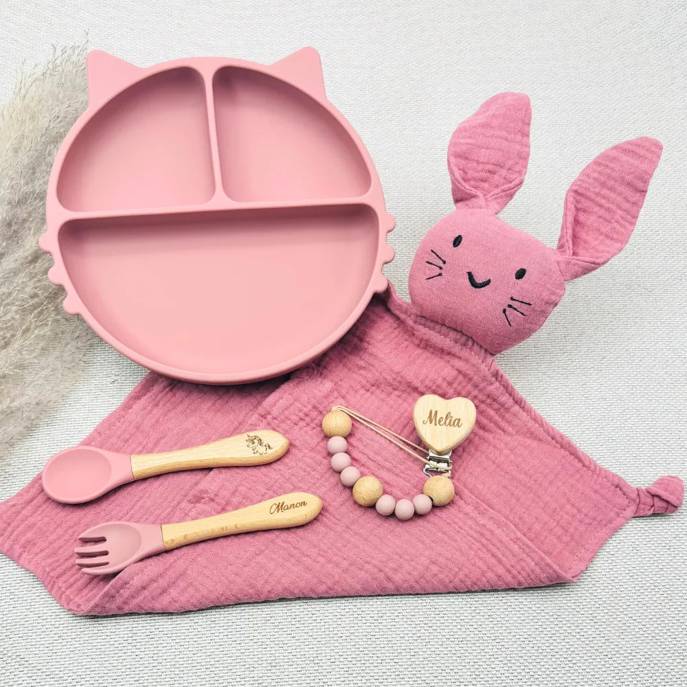 Baby-Crea Coffret repas bébé assiette chat vert olive personnalisé
