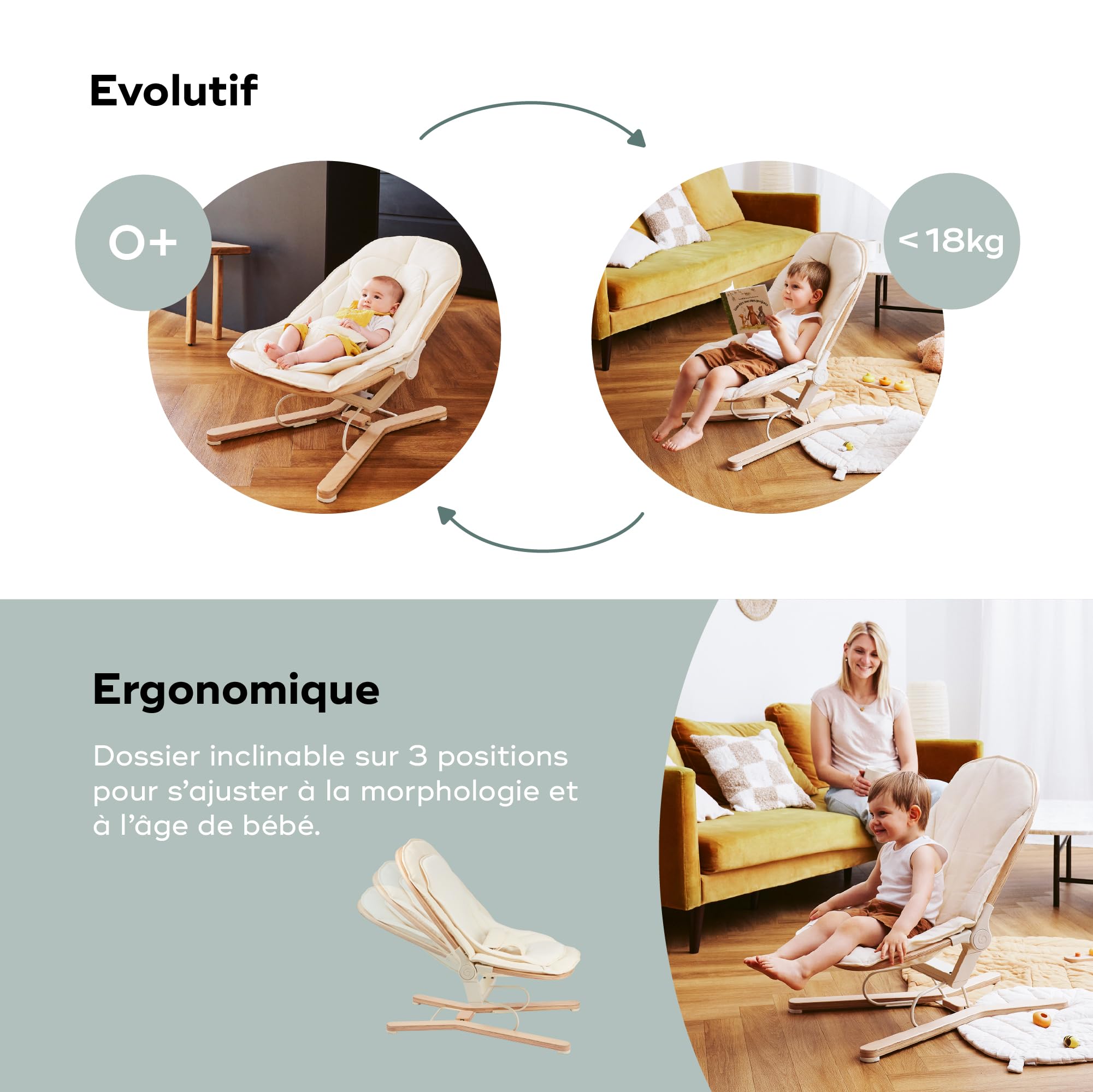 Babymoov Swoon Flow transat bébé évolutif beige bois jusqu’à 18 kg