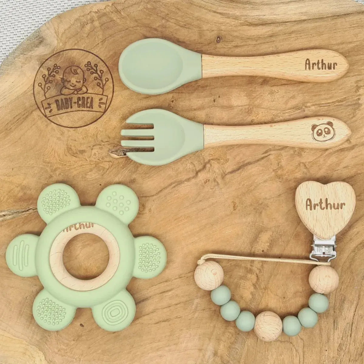 Baby-Crea Coffret naissance personnalisé couverts attache-tétine couronne Bleu marine