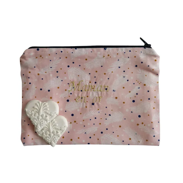 Rose et rêves dorés Pochettes et trousses diverses Pochette brodée Maman en or