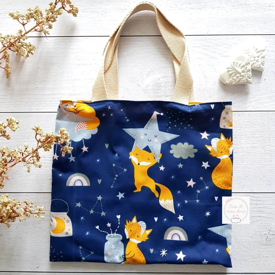 Rose et rêves dorés Sacs divers P’tit tote bag enfant Renard rêveur réversible