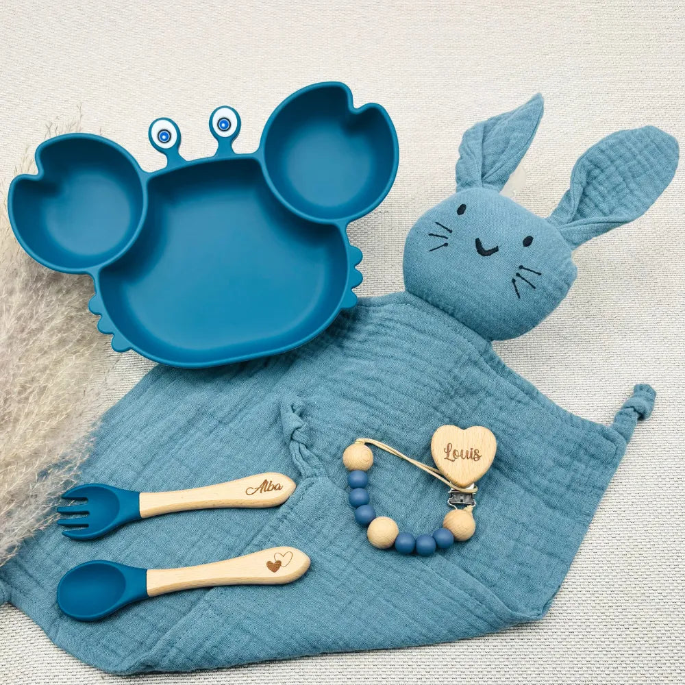 Baby-Crea Coffret repas bébé assiette crabe vert olive personnalisé
