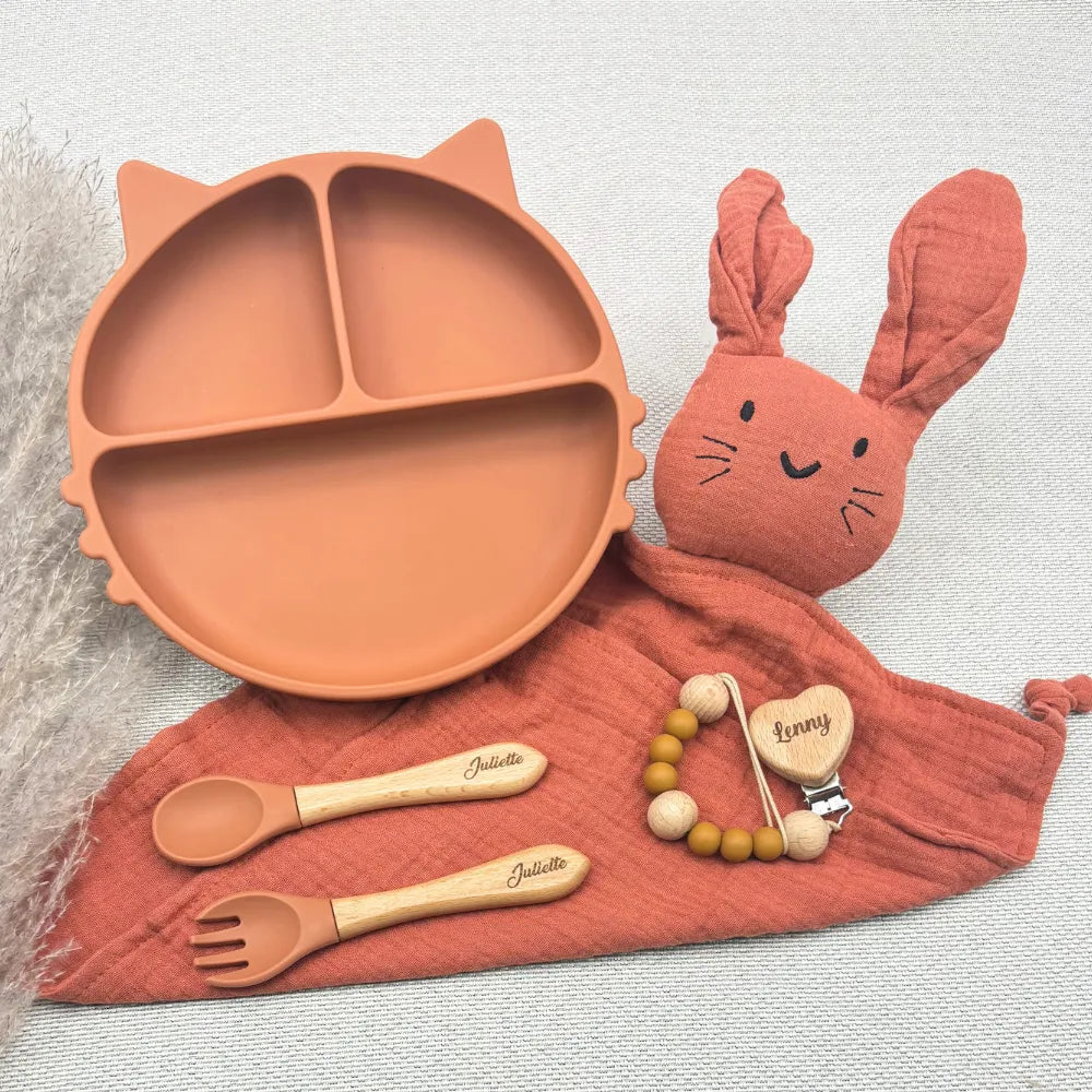 Baby-Crea Coffret repas bébé assiette chat vert olive personnalisé