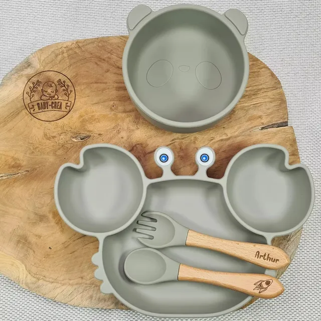 Baby-Crea Coffret repas bébé assiette crabe bol panda vert olive personnalisé