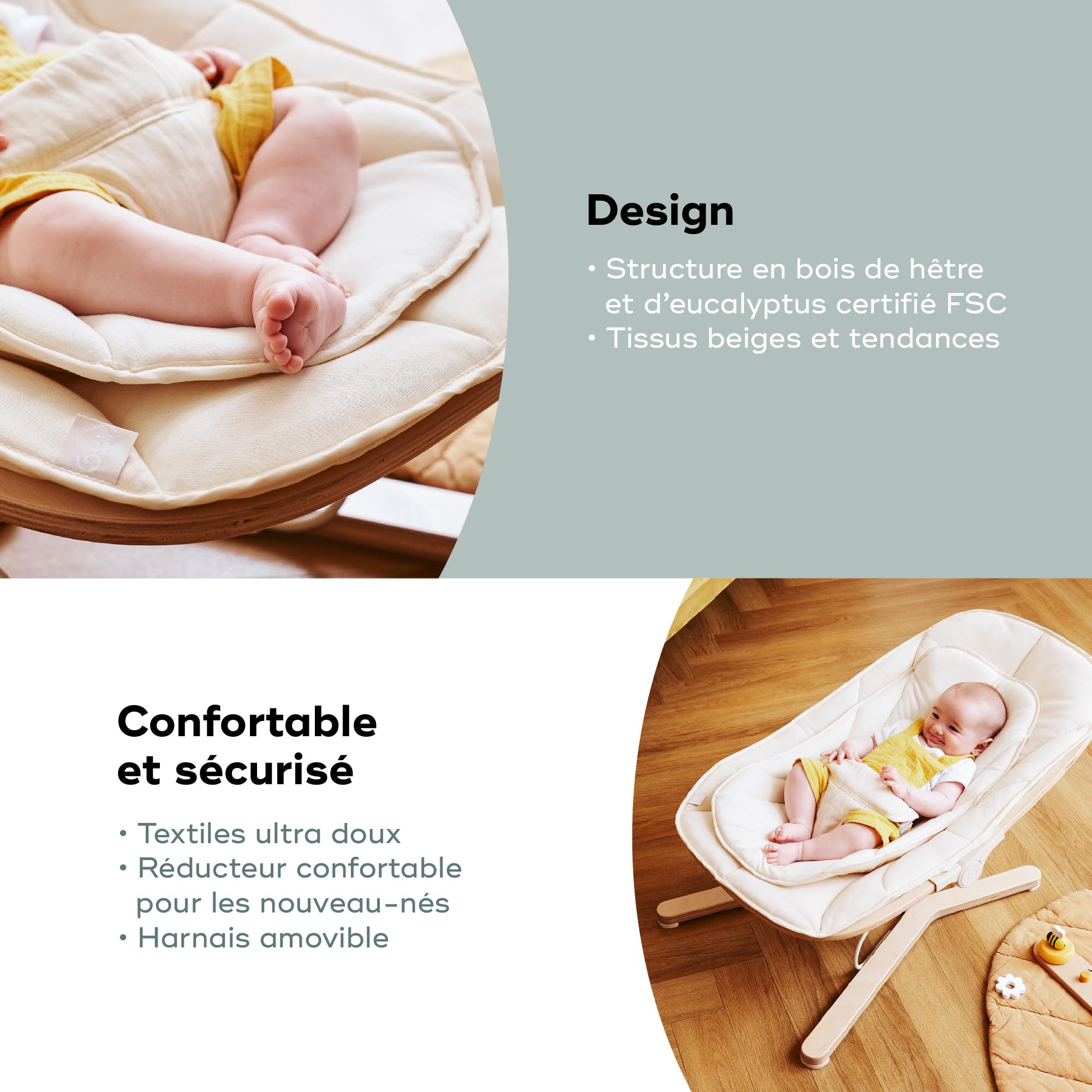 Babymoov Swoon Flow transat bébé évolutif beige bois jusqu’à 18 kg