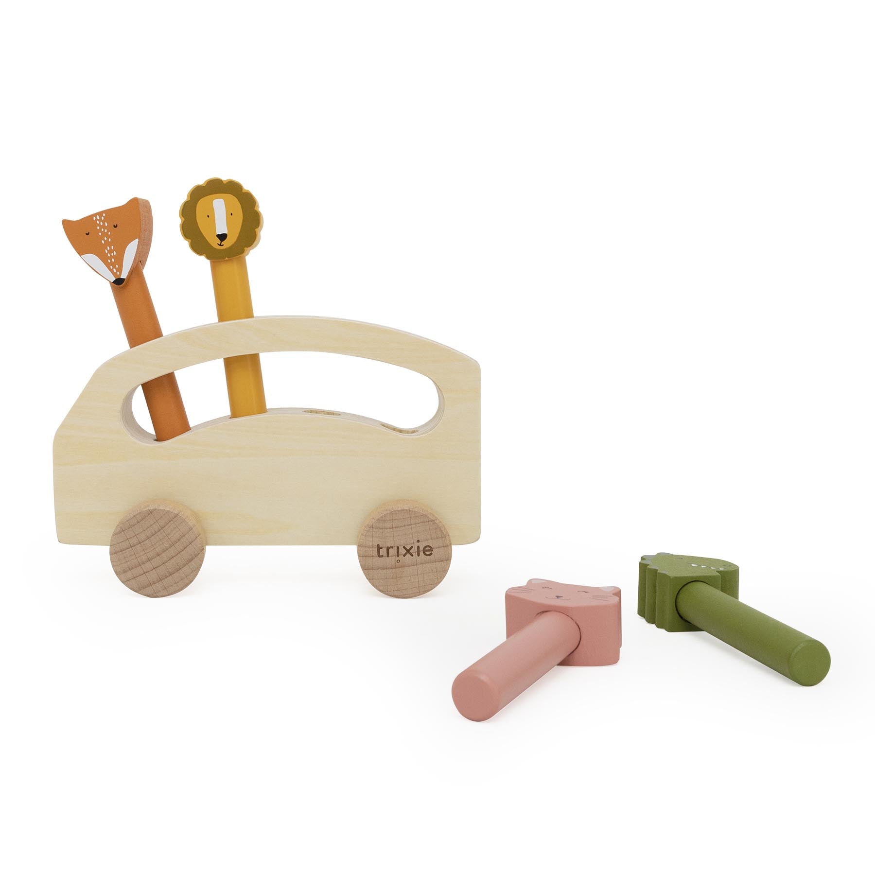 Trixie Baby Jouets à roulettes bus en bois avec animaux pop-up