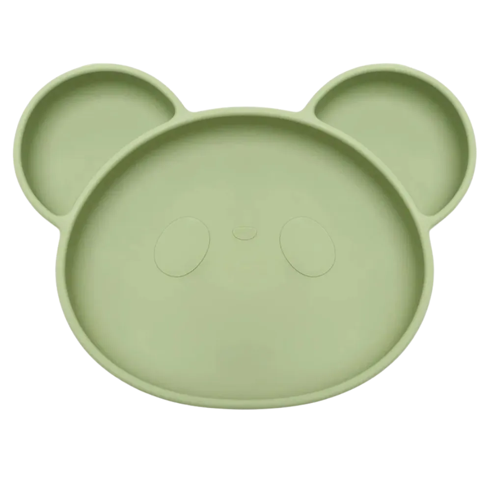 Baby-Crea Vaisselle Bébé assiette panda à ventouse vert olive silicone