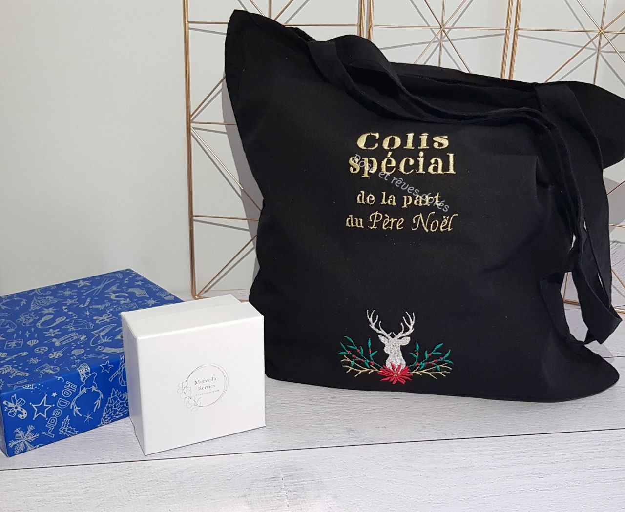 Rose et rêves dorés Noël Tote bag de Noël noir motif renne sac réutilisable