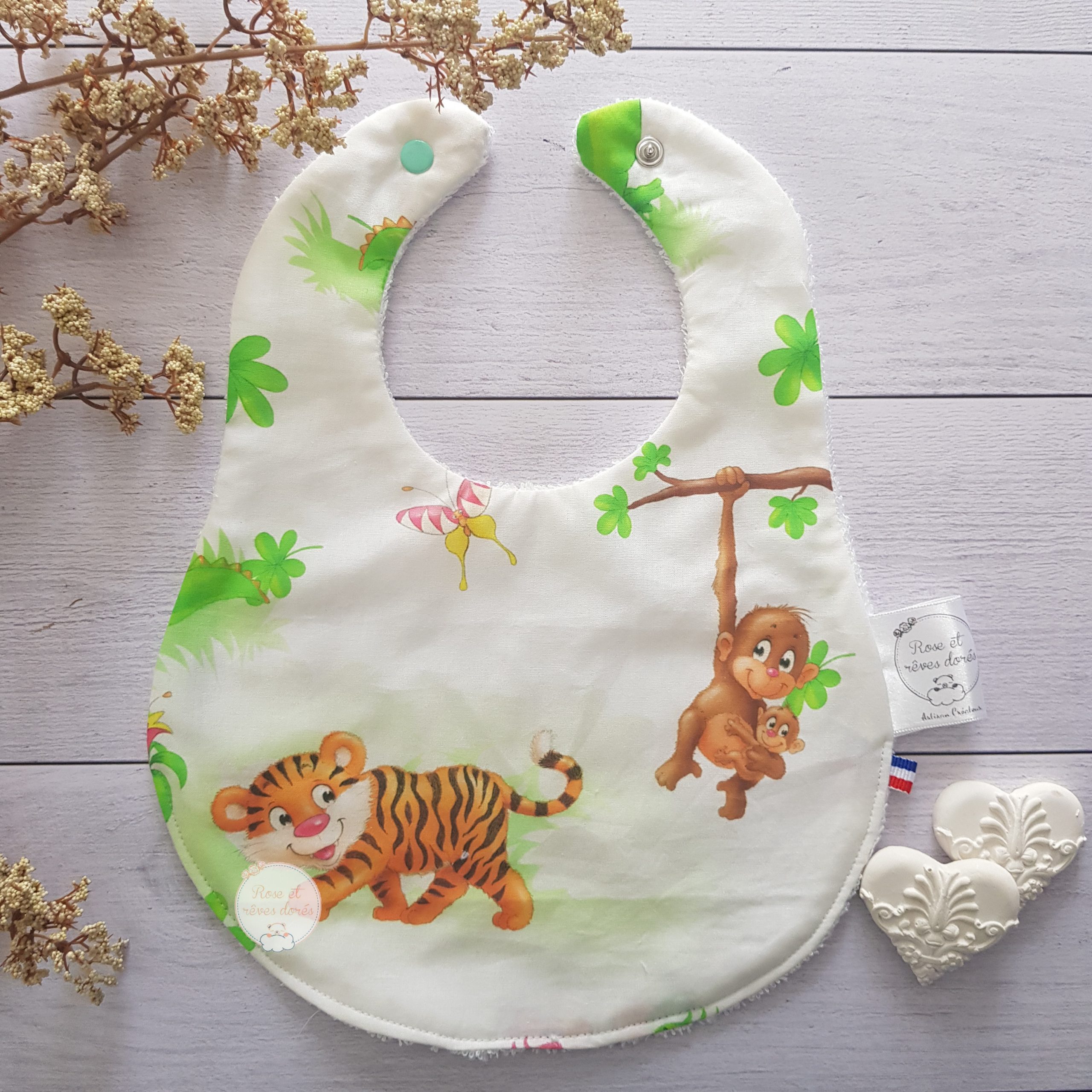 Rose et rêves dorés Tigre et singe bavoir bébé coton bambou