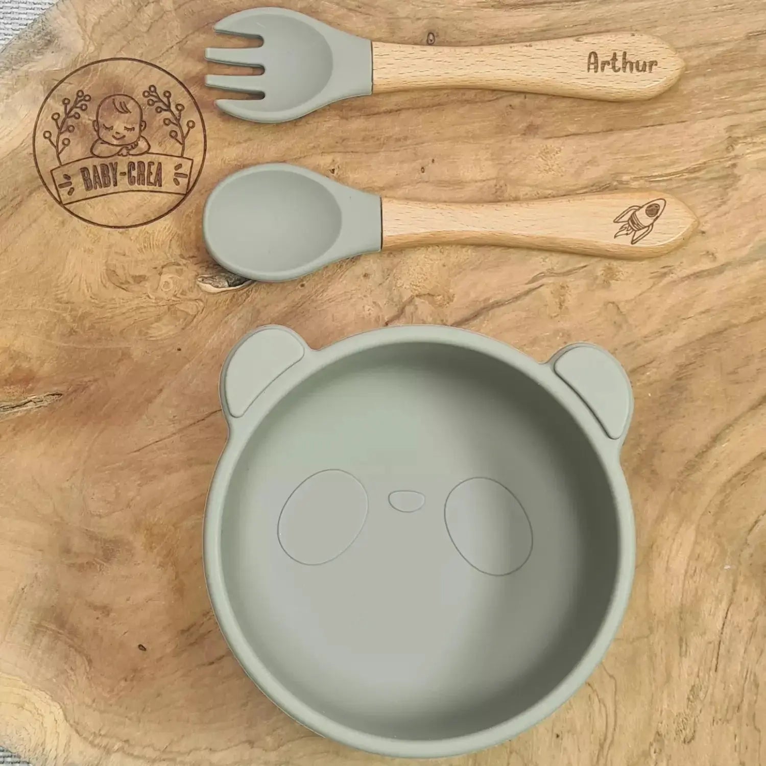 Baby-Crea Vaisselle Bébé Bol Panda à ventouse et couverts vert olive