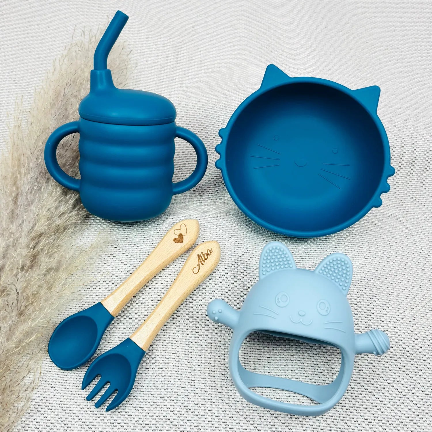 Baby-Crea Coffret repas bébé set repas chat personnalisé vert olive silicone