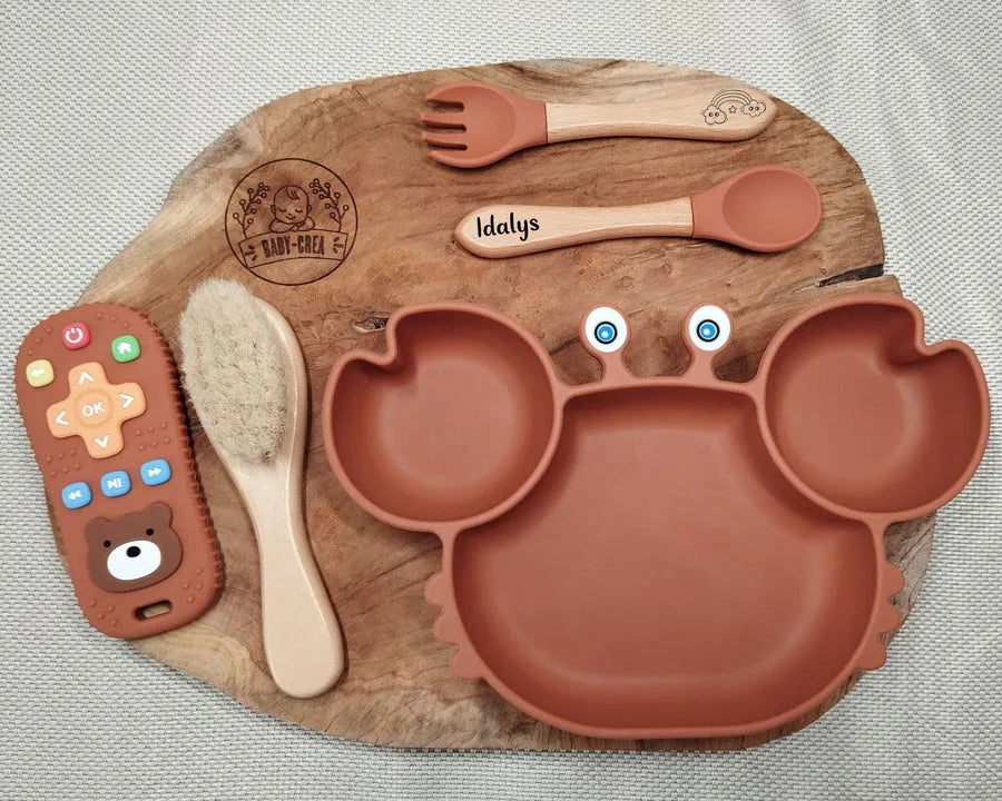 Baby-Crea Coffret naissance personnalisé assiette crabe Bleu marine