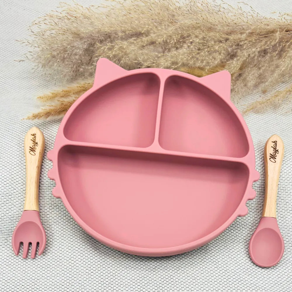 Baby-Crea Coffret repas bébé assiette chat rose pâle personnalisé