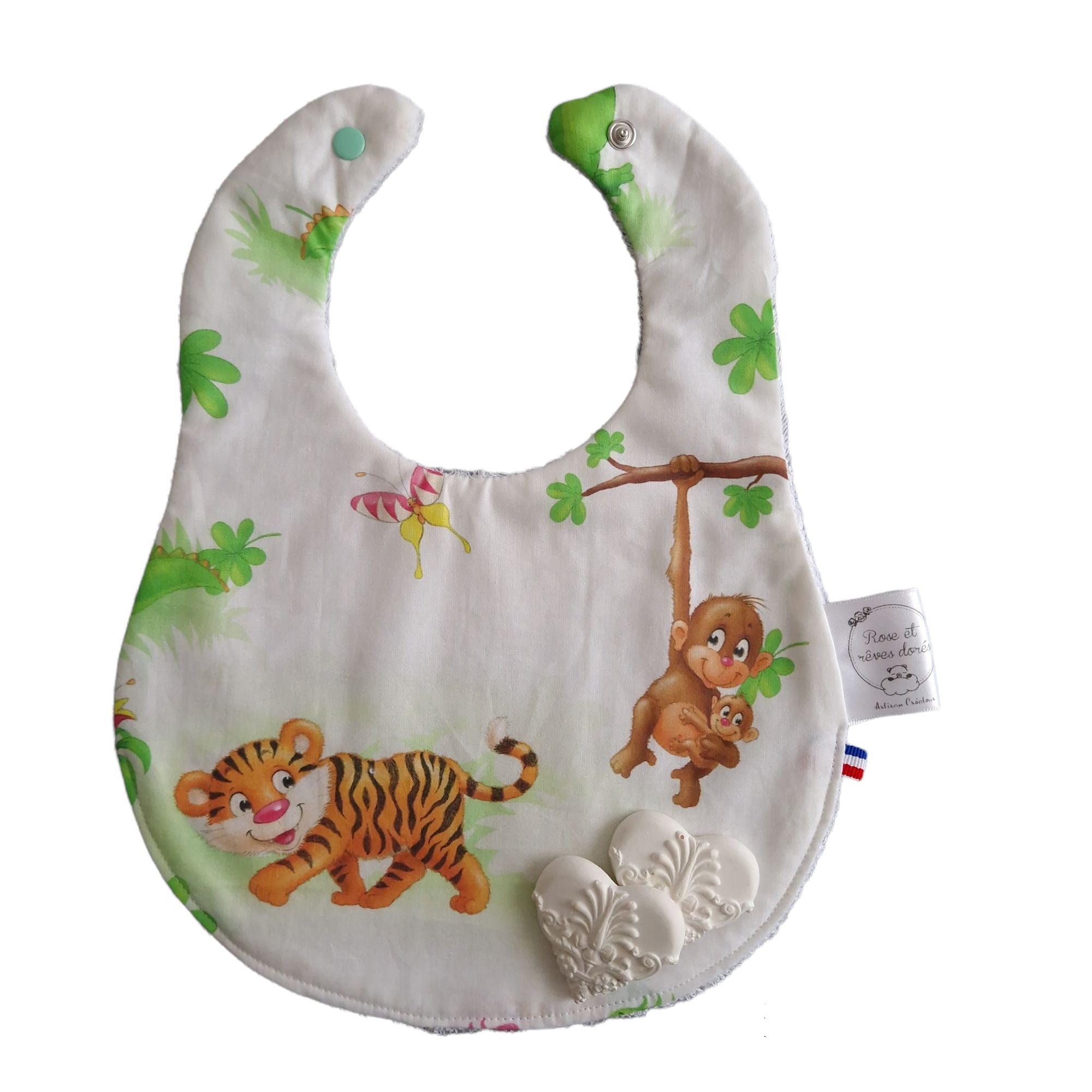 Rose et rêves dorés Tigre et singe bavoir bébé coton bambou