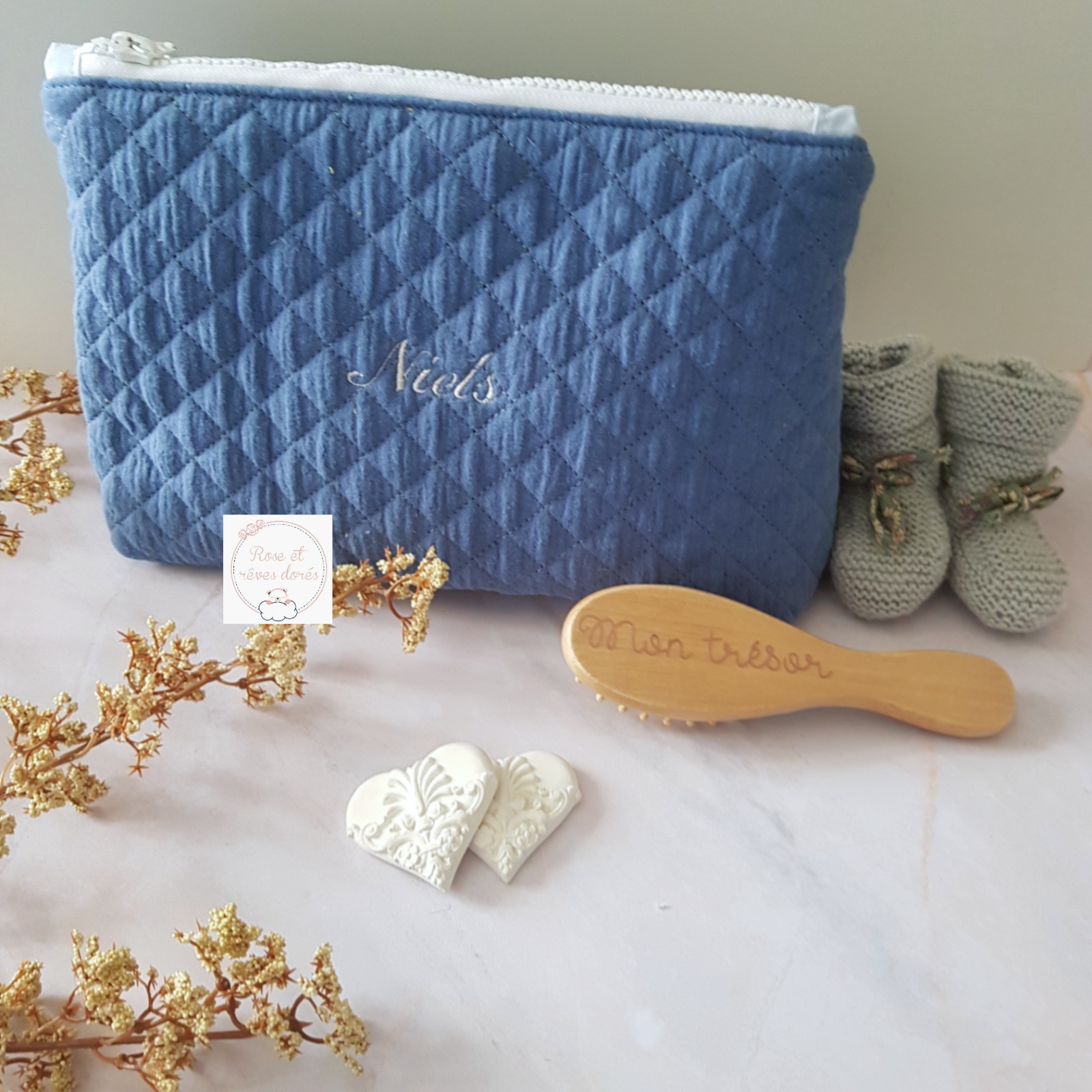 Rose et rêves dorés Créations sur-mesure trousse de toilette personnalisée taille M