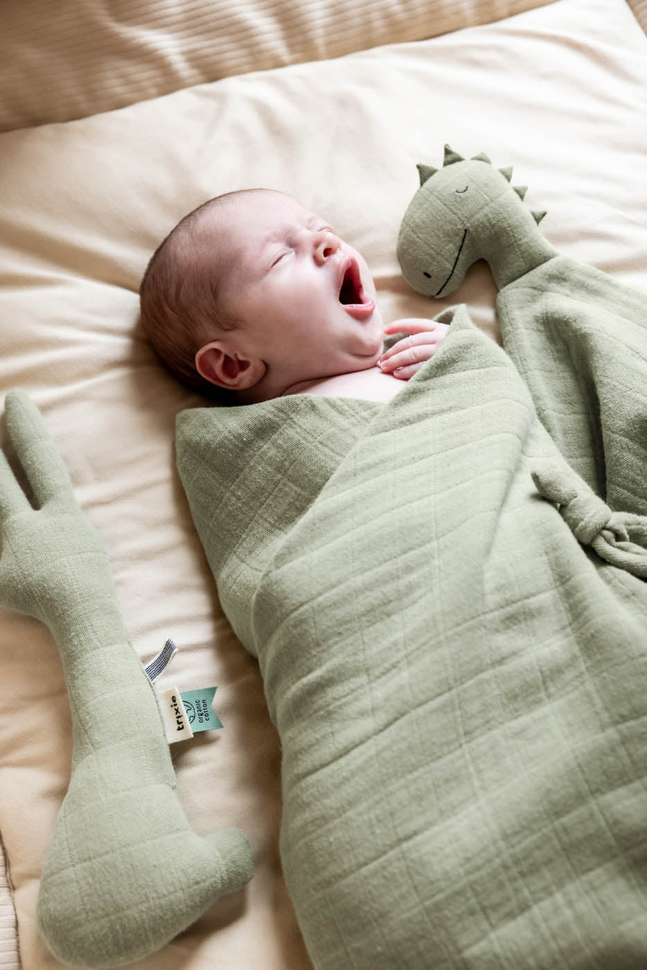 Trixie Baby Premiers jouets Doudou Bliss Sage Mr. Dino mousseline