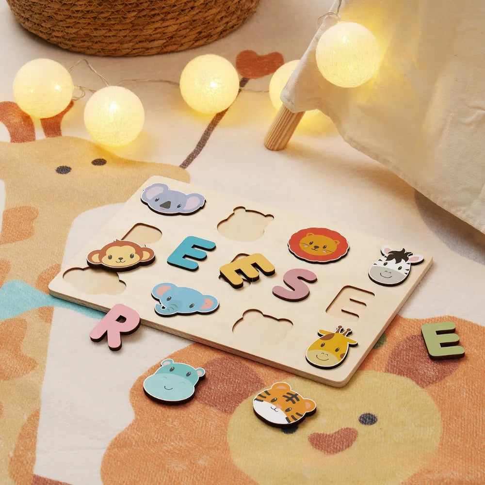 Baby-Crea Puzzle bébé en bois personnalisé puzzle prénom savane dès 12 mois