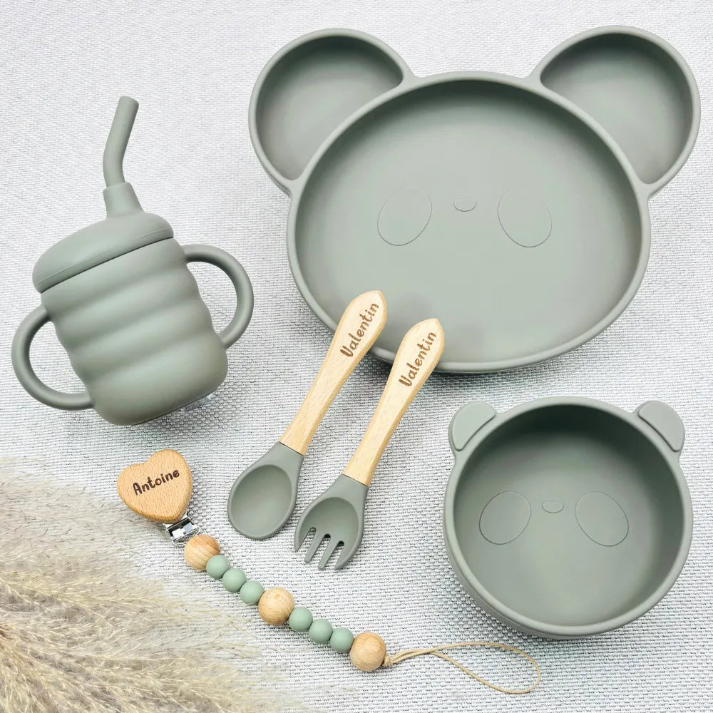 Baby-Crea Coffret repas bébé Panda vert olive personnalisé