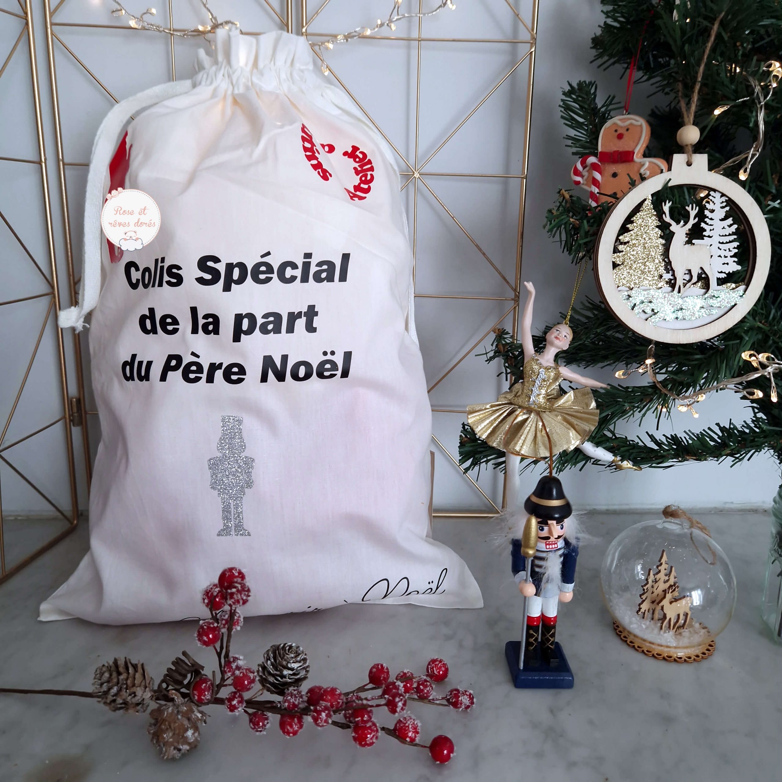 Rose et rêves dorés Noël hotte de Noël personnalisable pour cadeaux