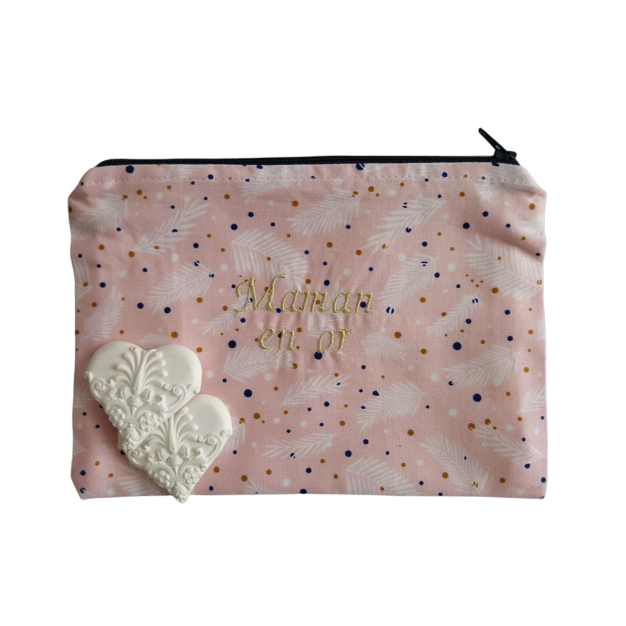Rose et rêves dorés Pochettes et trousses diverses Pochette brodée Maman en or