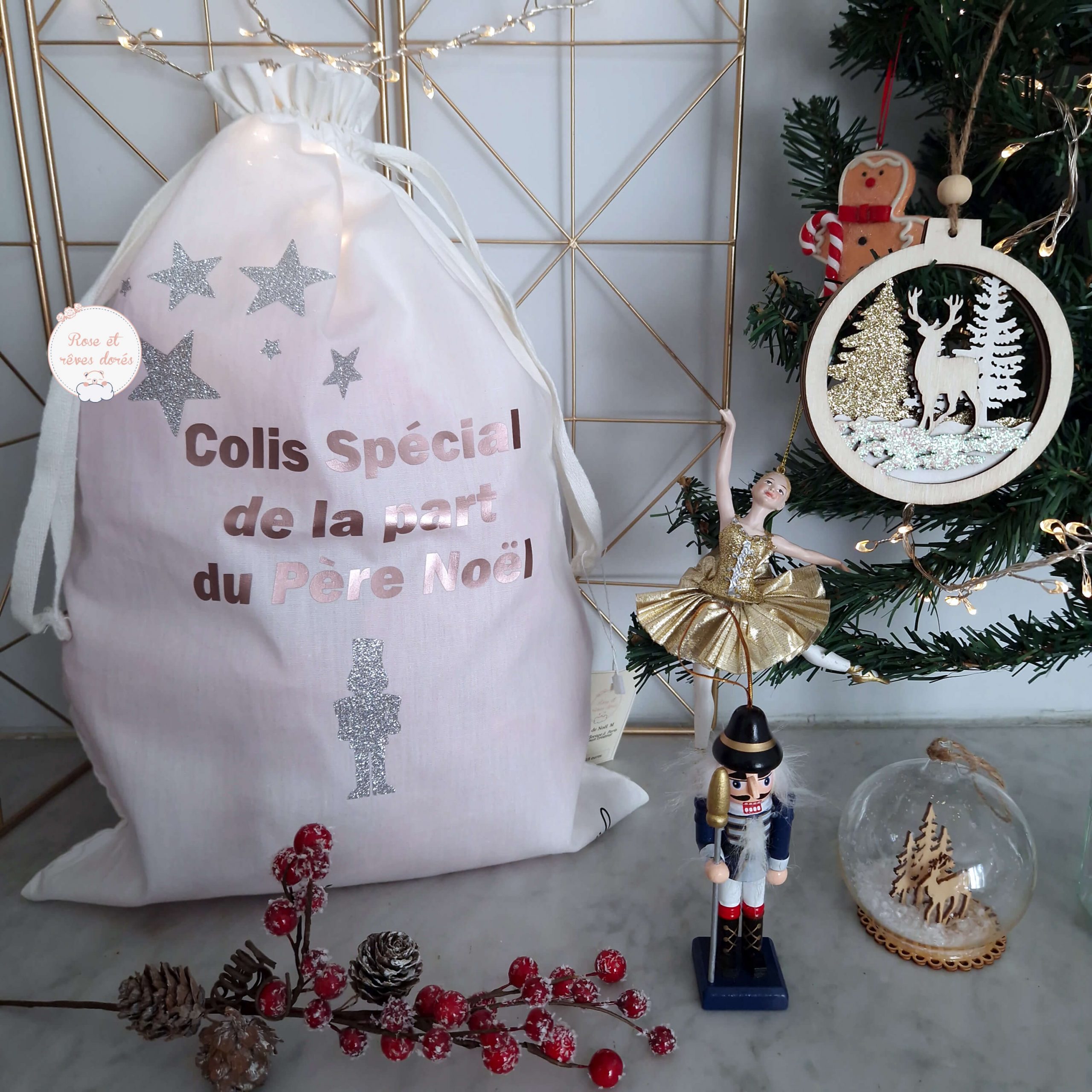 Rose et rêves dorés Noël Hotte de Noël personnalisable prénom réutilisable
