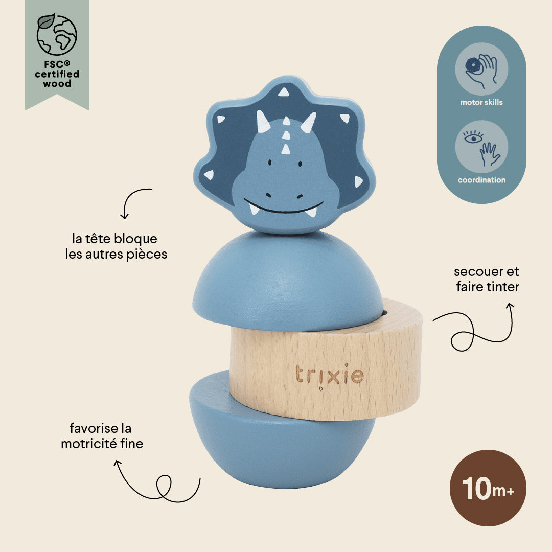 Trixie Baby Jouets à empiler Mr. Triceratops jouet d’empilage en bois avec hochet