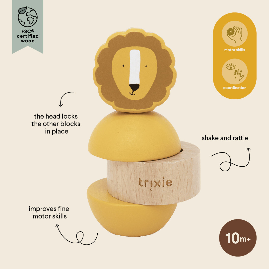 Trixie Baby Jouets à empiler Jouet d’empilage avec hochet en bois Mr. Lion