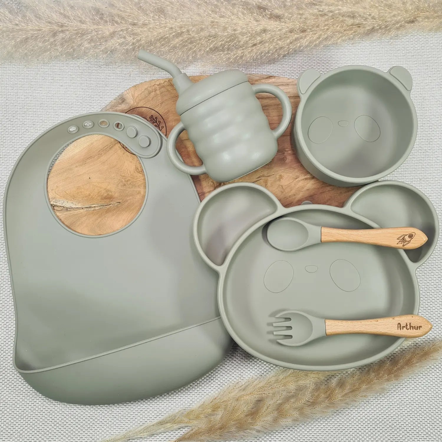 Baby-Crea Coffret repas bébé Panda coffret repas vert olive personnalisé