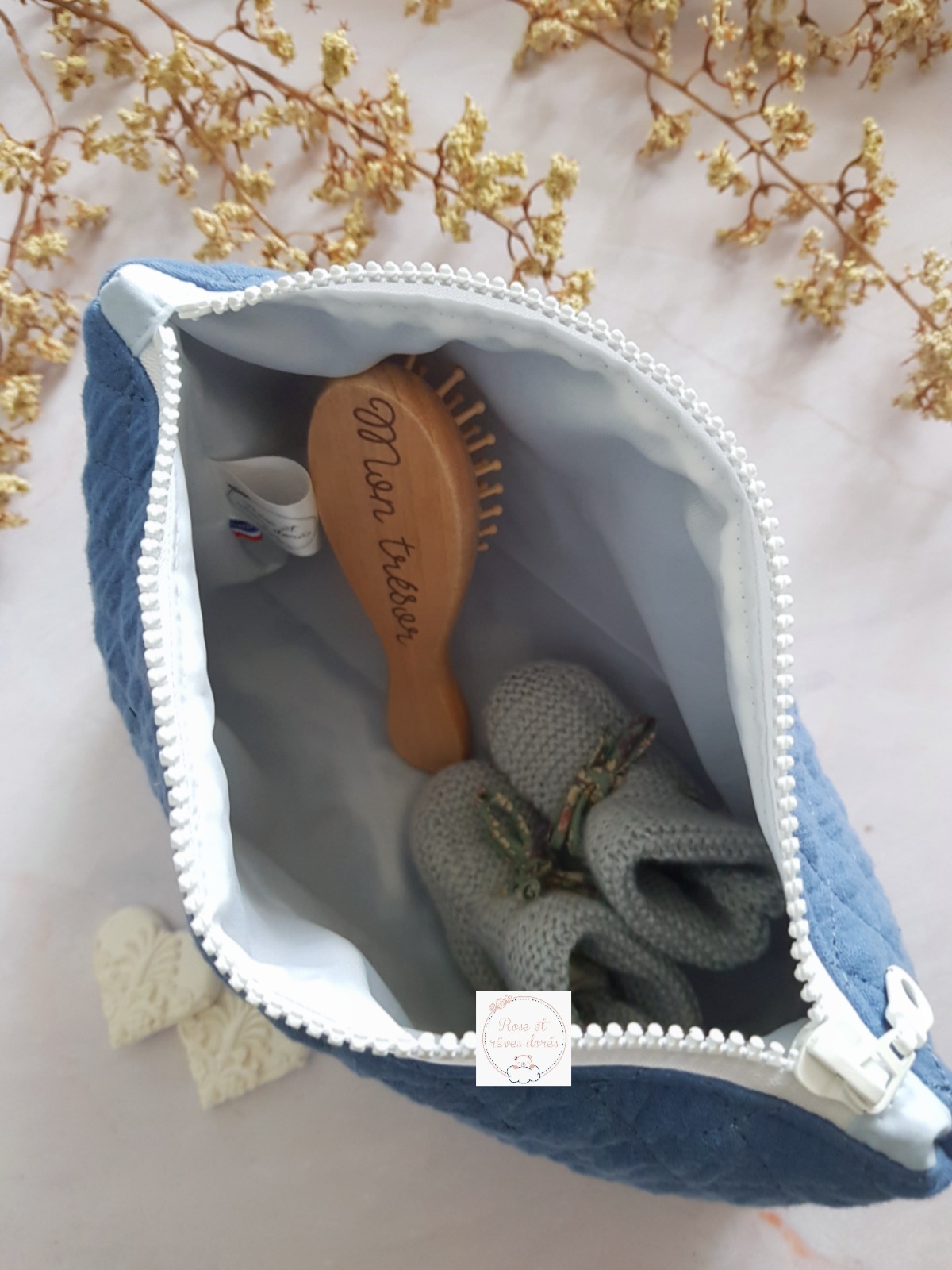 Rose et rêves dorés Créations sur-mesure trousse de toilette personnalisée taille M