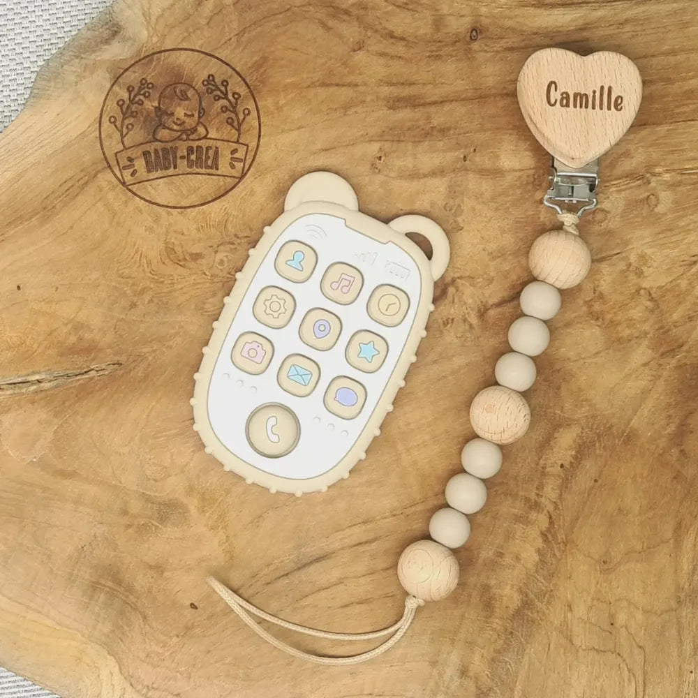 Baby-Crea Coffret naissance personnalisé attache tétine et anneau beige