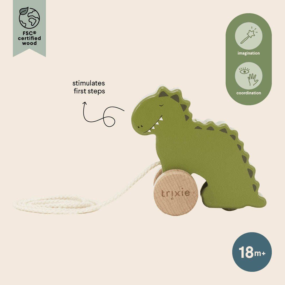 Trixie Baby Jouets à pousser et à tirer Petit jouet à tirer en bois Mr. Dino jouet FSC