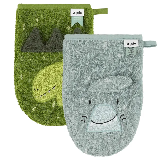 Trixie Baby Gants de toilette Gant de toilette 2-pack Mr. Shark - Mr. Dino, lot de 2 en coton bio