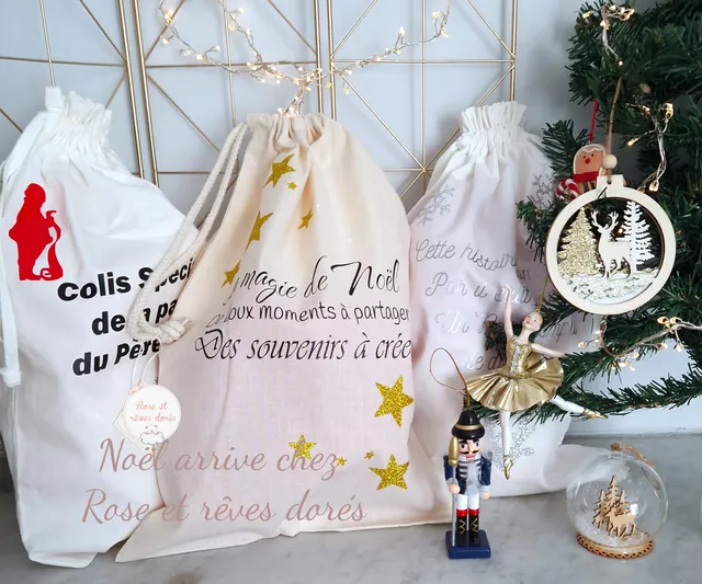 Rose et rêves dorés Noël hotte de Noël personnalisable pour cadeaux