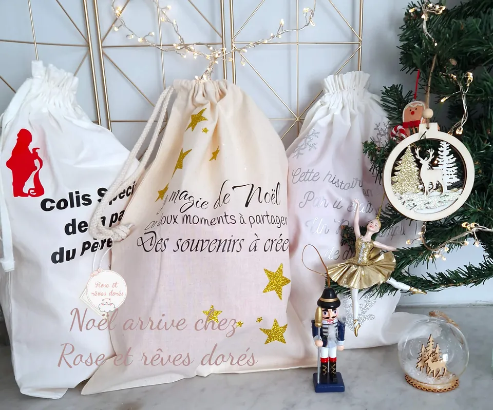 Rose et rêves dorés Noël hotte de Noël personnalisable pour cadeaux