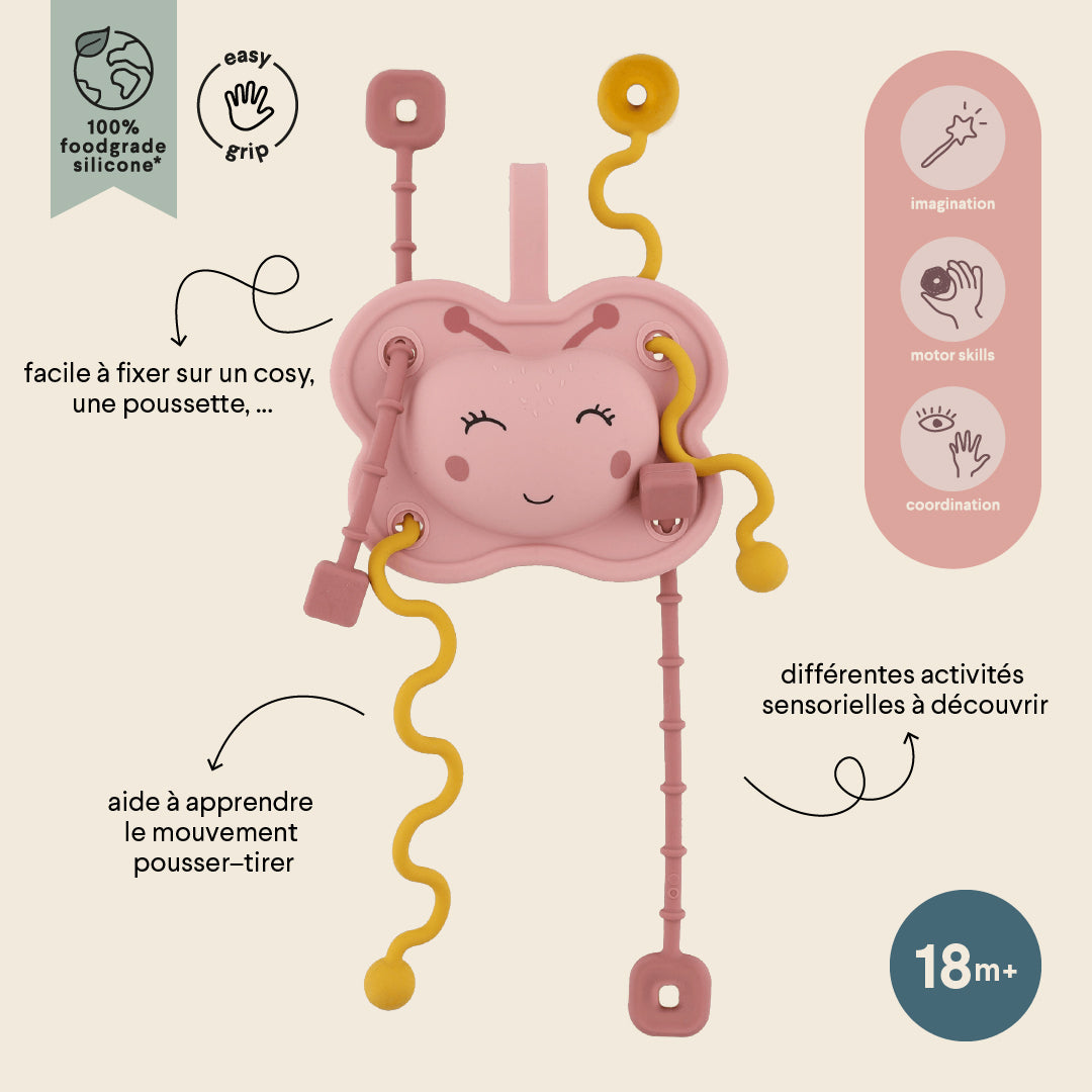 Trixie Baby Jouets sensoriels Jouet sensoriel à tirer en silicone Mrs. Butterfly à fixer